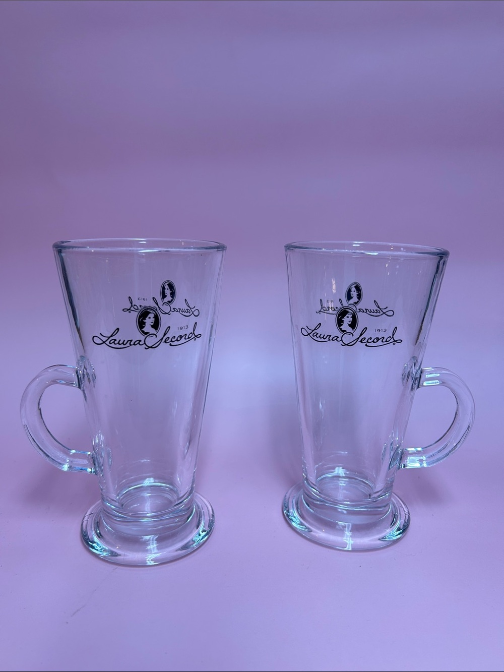 Laura Secord Clear Glass Desert Mugs Cups Coffee Tea Latte - Set of 2